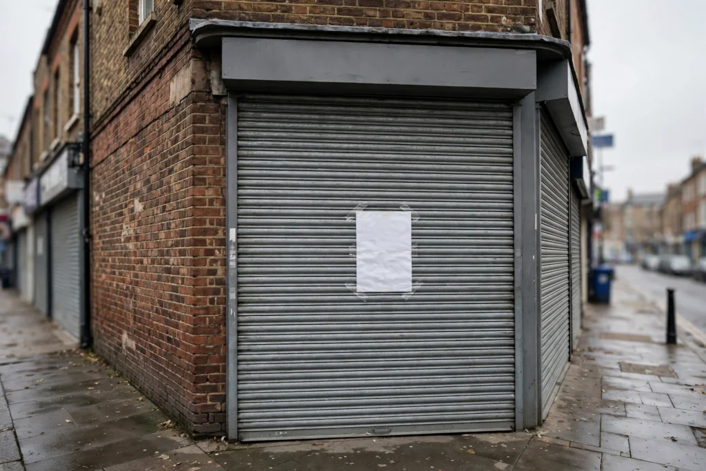 Closed UK high street vape shop with metal security shutters down and an official closure notice on the door