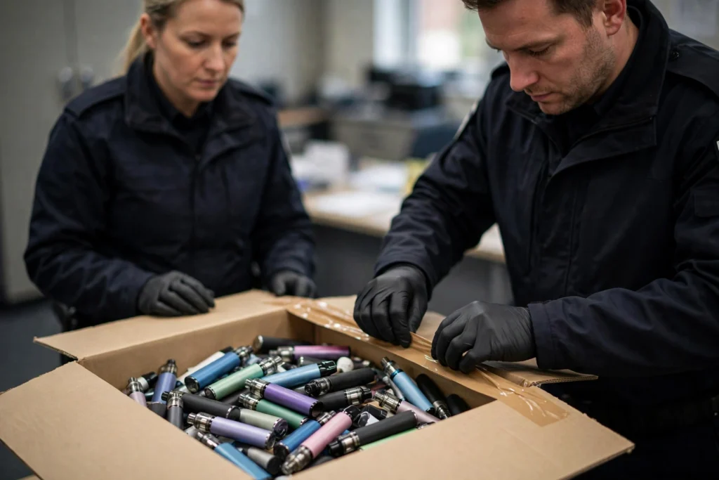 Trading Standards officers sealing a box of seized illegal vapes during an enforcement inspection