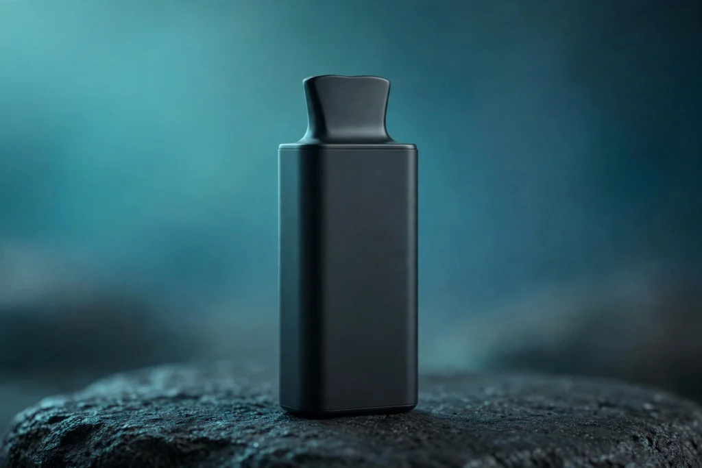 Compact box-style disposable vape device standing upright on dark stone with soft teal studio lighting