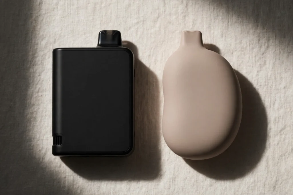 Editorial flat-lay photo of two unbranded disposable vape devices side by side on a light neutral background, one boxy and one pebble-shaped, no text