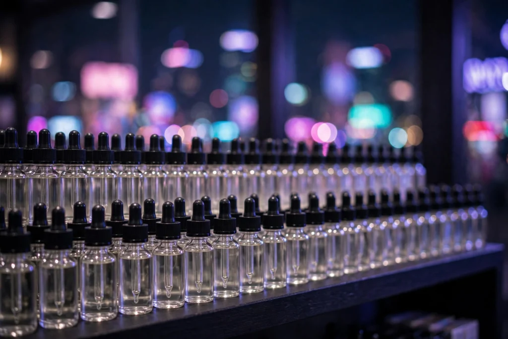 Rows of unmarked nicotine-free e-liquid bottles on a store shelf under soft neon light