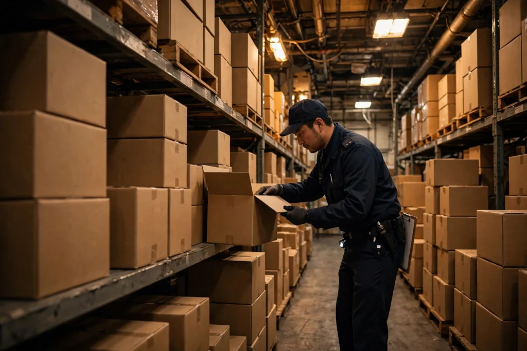 Customs officer inspecting stacked shipping boxes in a warehouse during an import check
