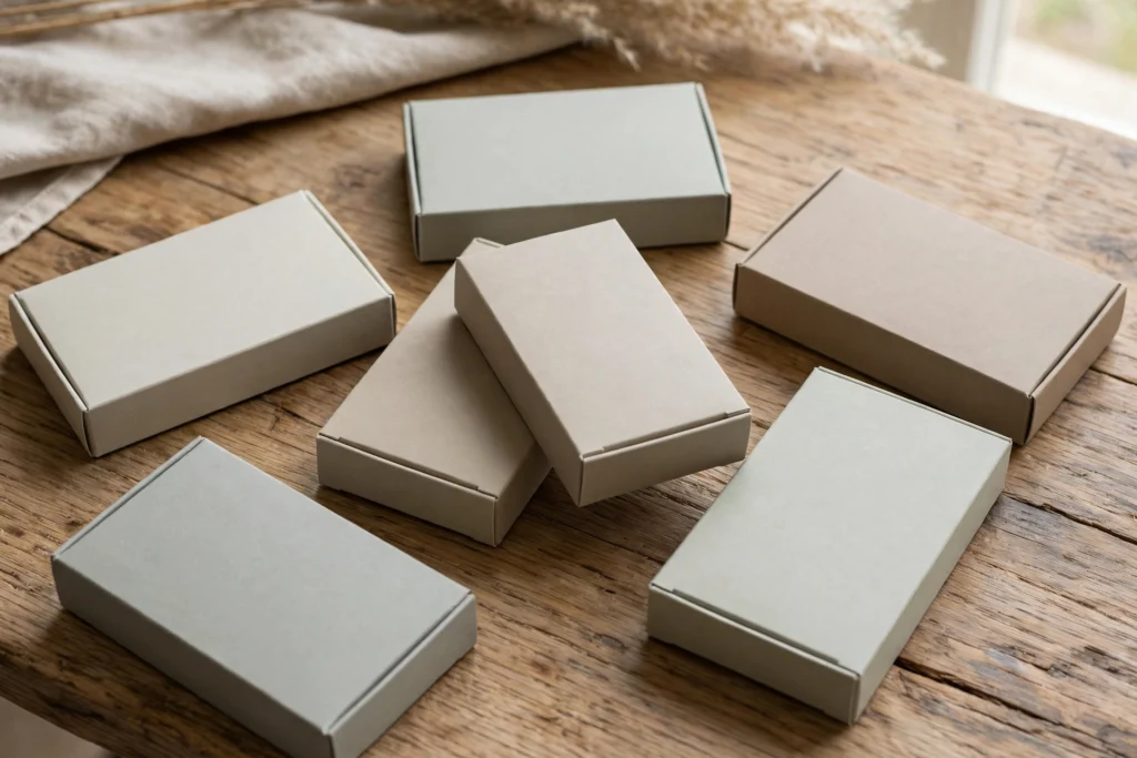 Plain unbranded vape packaging boxes in neutral colours arranged on a wooden table