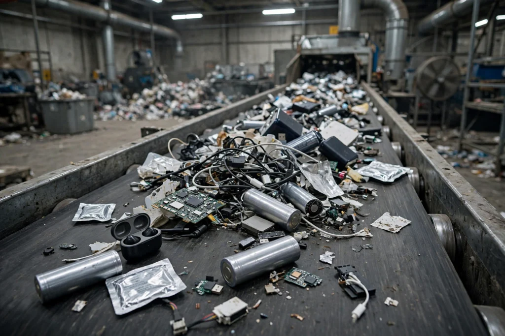 Recycling plant conveyor belt carrying discarded lithium batteries and small electronic devices