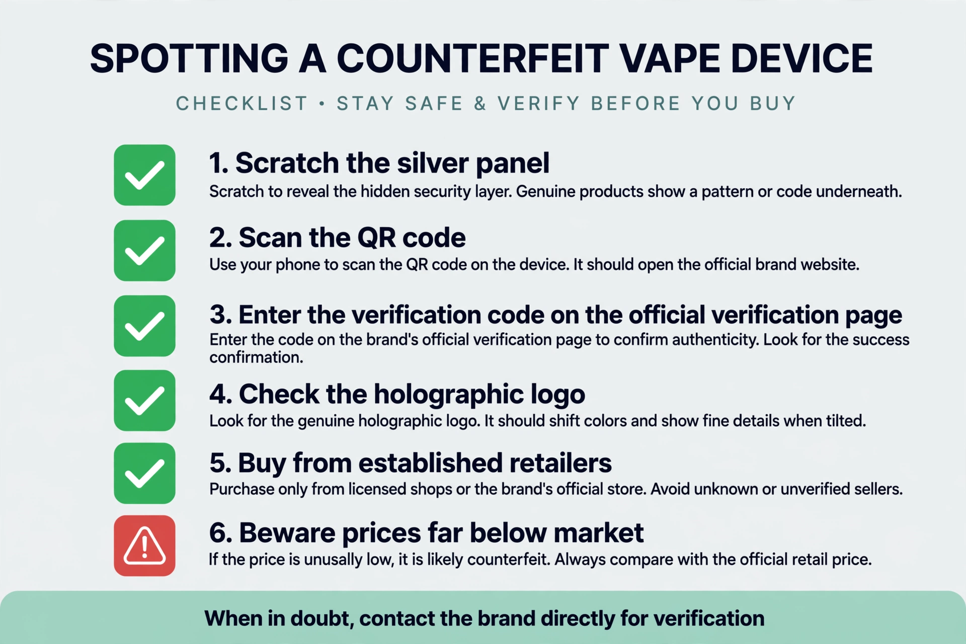 Checklist infographic showing how to spot a fake Lost Mary vape
