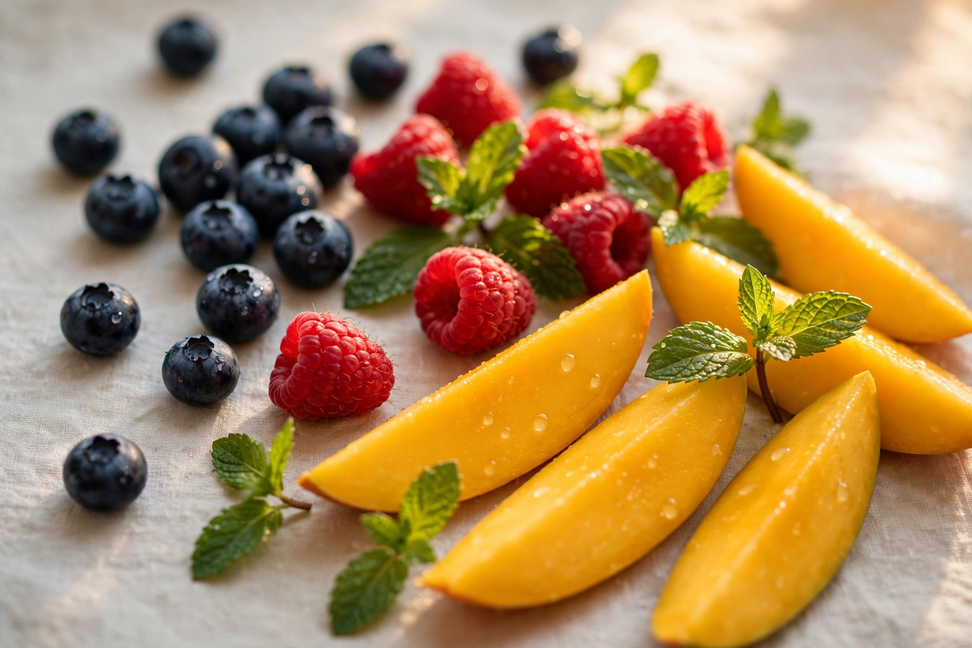 Close-up of a colourful Lost Mary style vape device with fresh fruit in the background