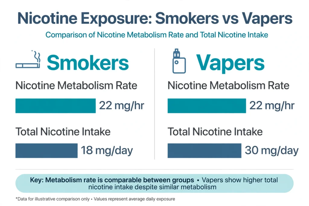 Infographic comparing smokers and vapers showing identical nicotine metabolism rates but higher total nicotine intake among vapers