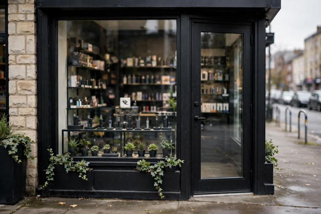 Vape shop storefront with glass door and display window, showing a specialist vape retailer of the kind prosecuted in New Zealand