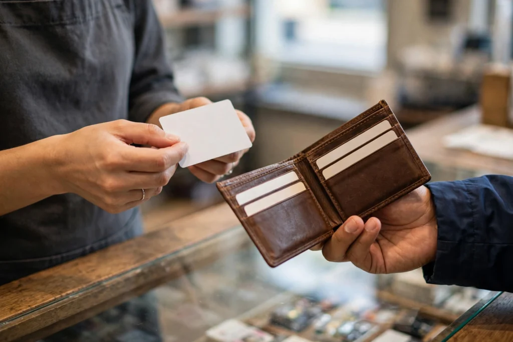 Shop assistant checking an ID card at a retail counter, illustrating age verification duties for vape retailers