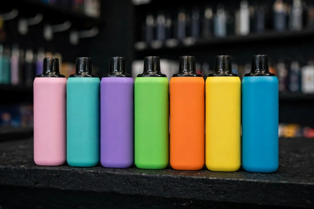 Row of colorful disposable vape devices on a retail shelf that will become illegal under the Pennsylvania directory ban