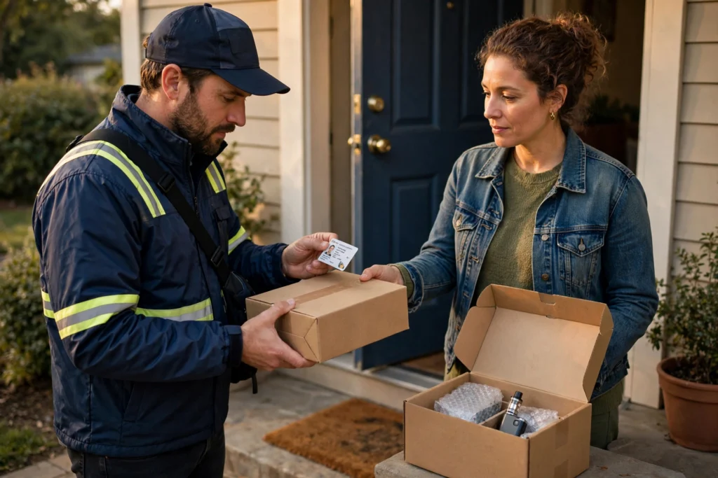 A delivery driver handing a parcel to a customer at a doorstep while checking the customer's photo ID, illustrating adult signature delivery requirements for online vape orders