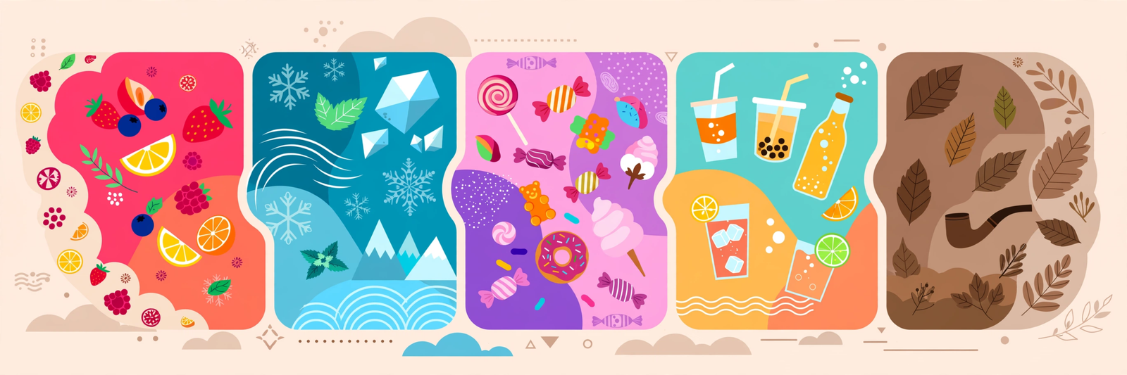 Five vape flavor territories illustrated: fruity, ice menthol, dessert candy, beverage, and tobacco