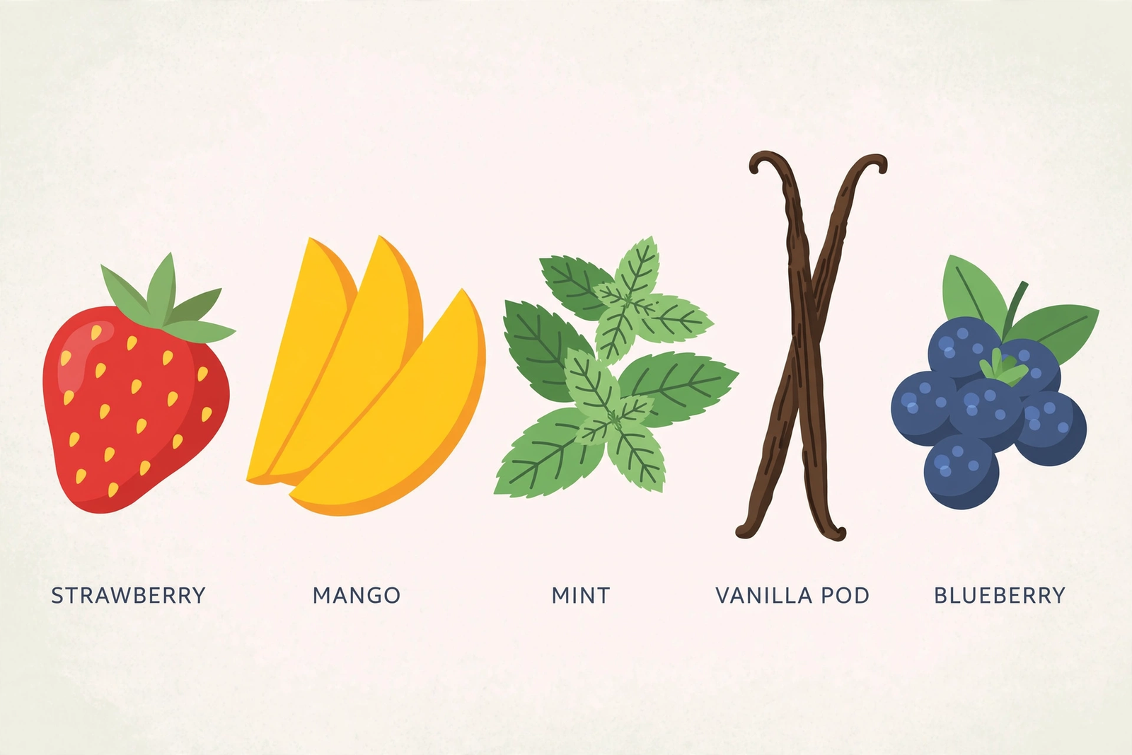 Flat illustration of vape flavor ingredients including strawberries, mango, mint, and vanilla