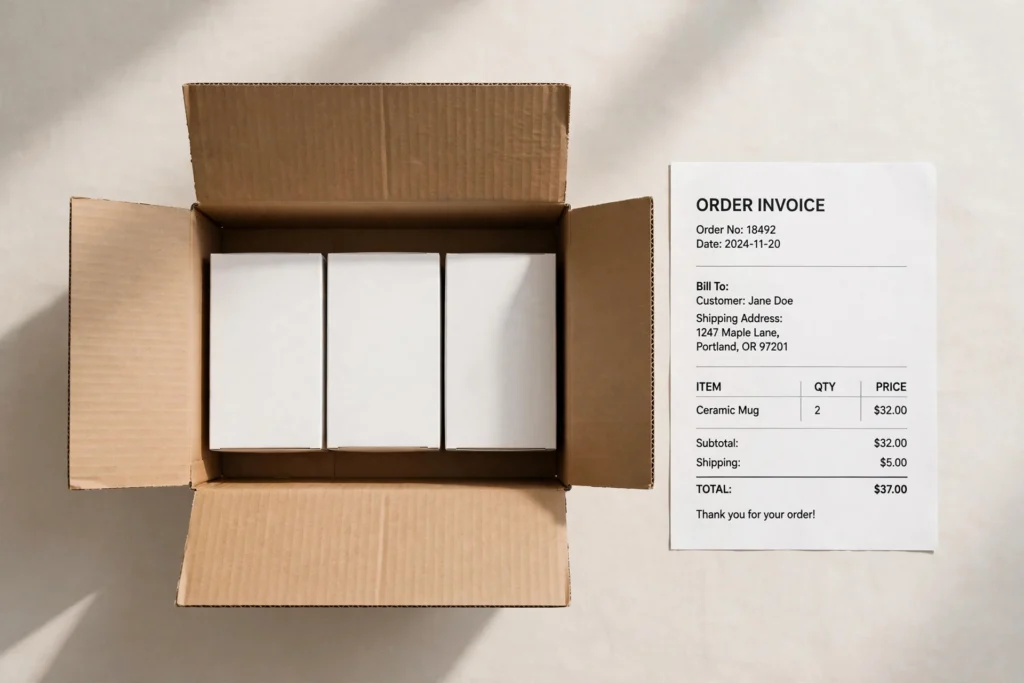 Opened delivery parcel with product boxes and an order invoice