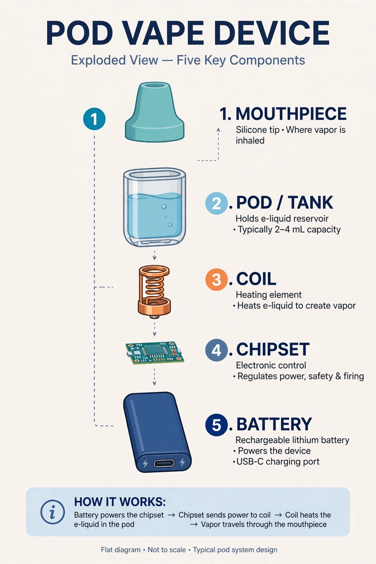 Exploded diagram of a pod vape device showing five labeled parts: mouthpiece, pod tank, coil, chipset, and rechargeable battery
