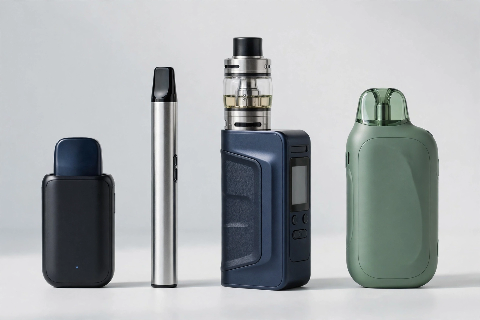 Four types of vape kits lined up on a white background: a compact pod kit, a slim vape pen, a box mod with tank, and an all-in-one device