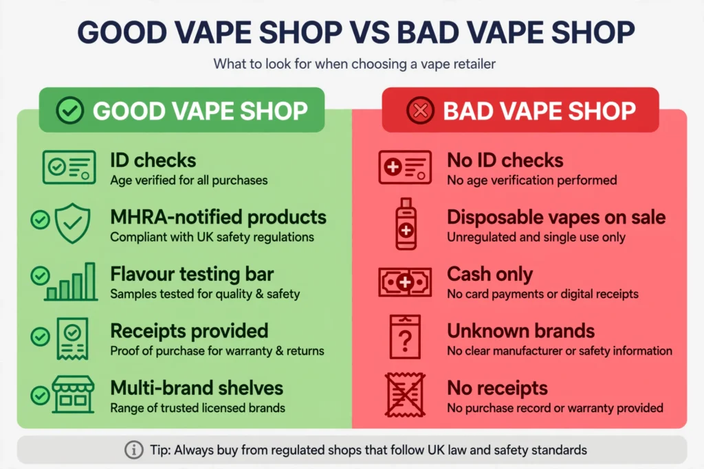 Infographic comparing a good vape shop versus a bad vape shop checklist