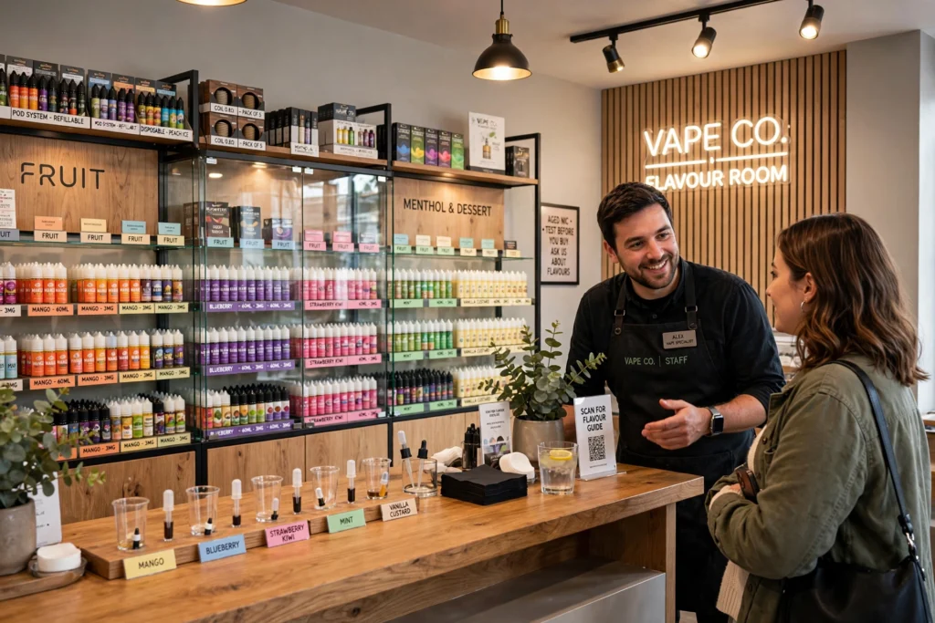 Inside a well organised UK vape shop with a flavour testing bar and display shelves