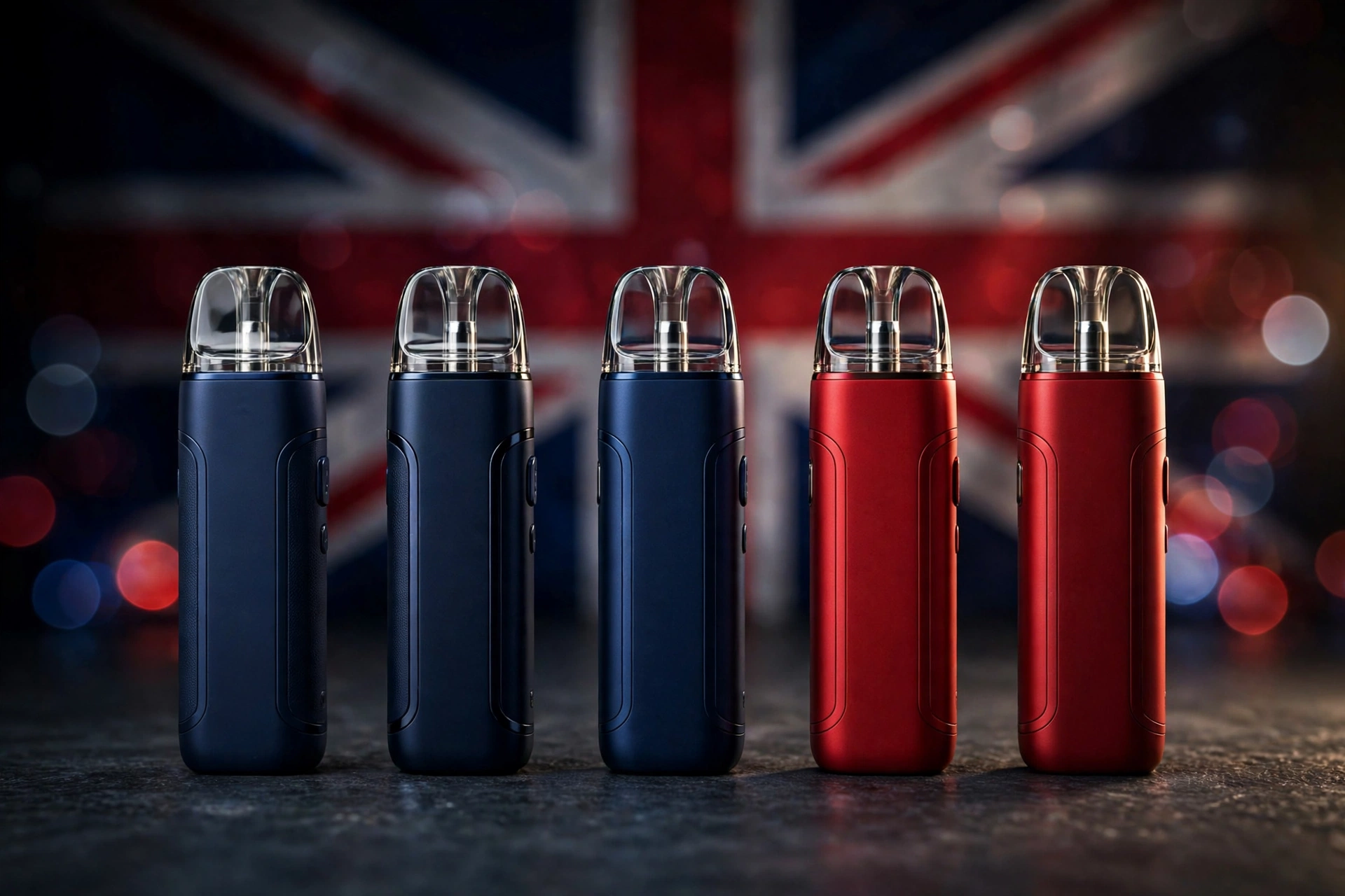 Modern refillable pod vape devices in navy blue and red with a blurred Union Jack flag background, hero image for the VapeFeat 2026 UK vaping guide