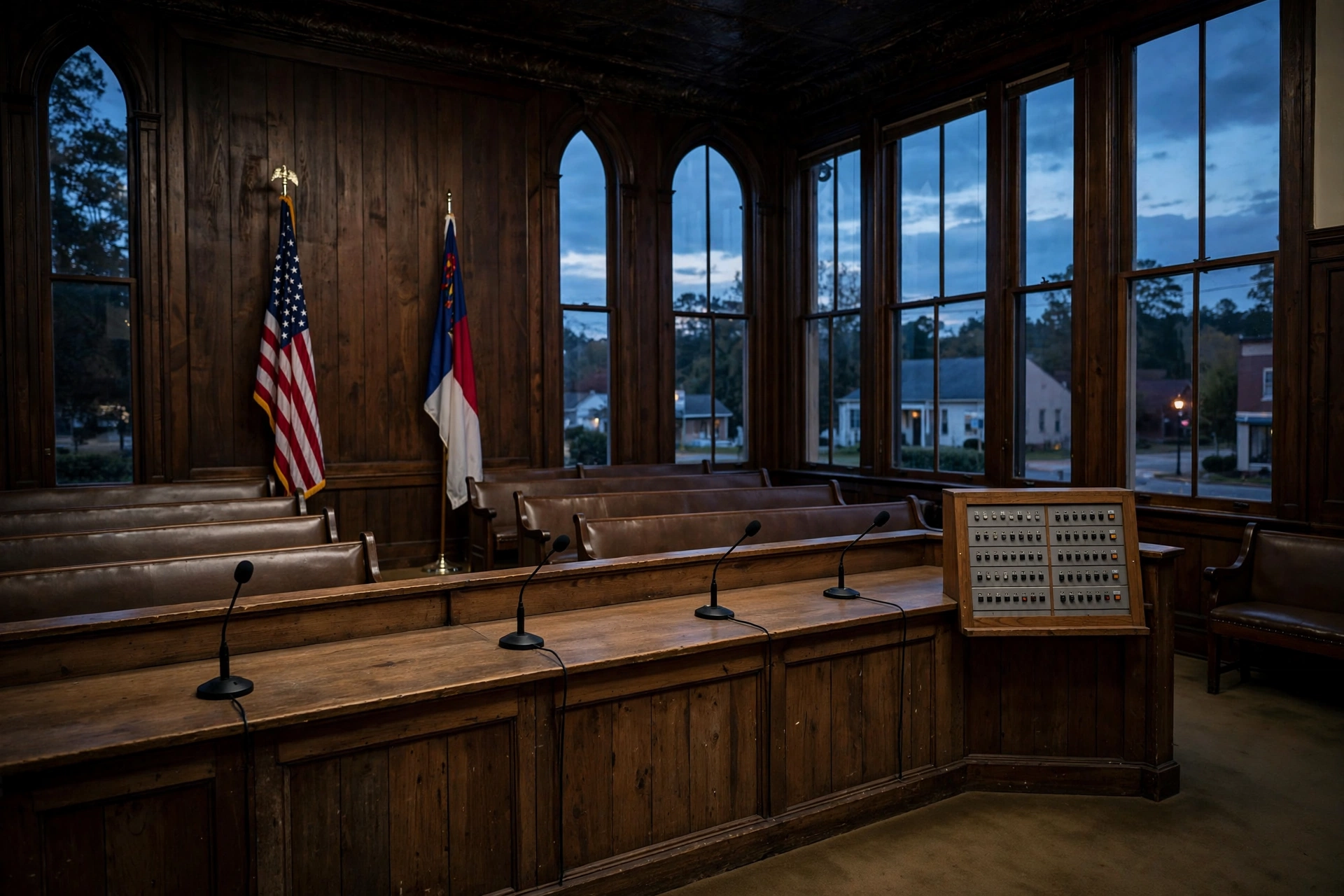 Cary Town Council chamber with council dais, microphones and flags, where the vote on expanding the smoking ordinance to vapes took place