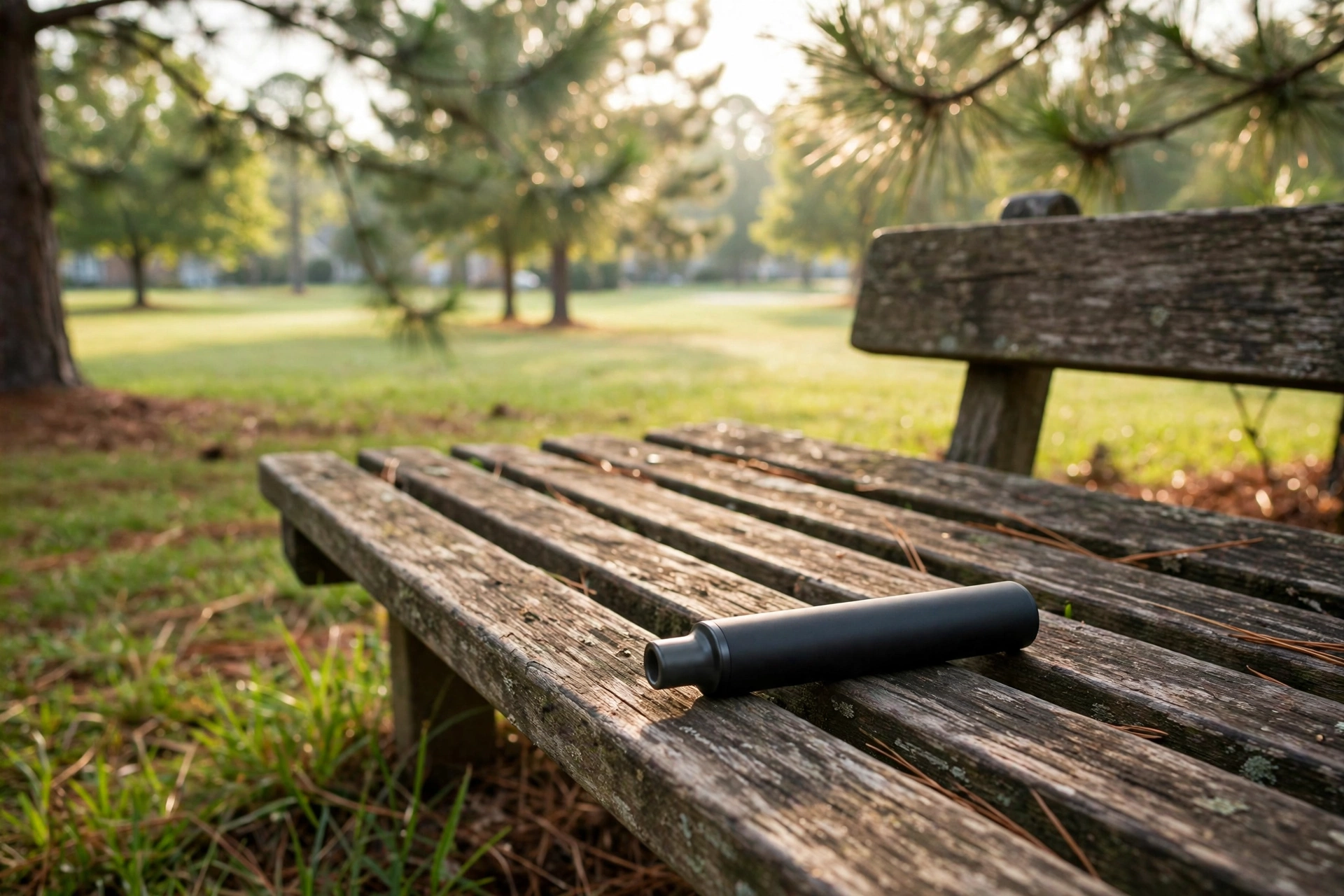 A disposable vape device resting on a wooden park bench in a green suburban park in North Carolina