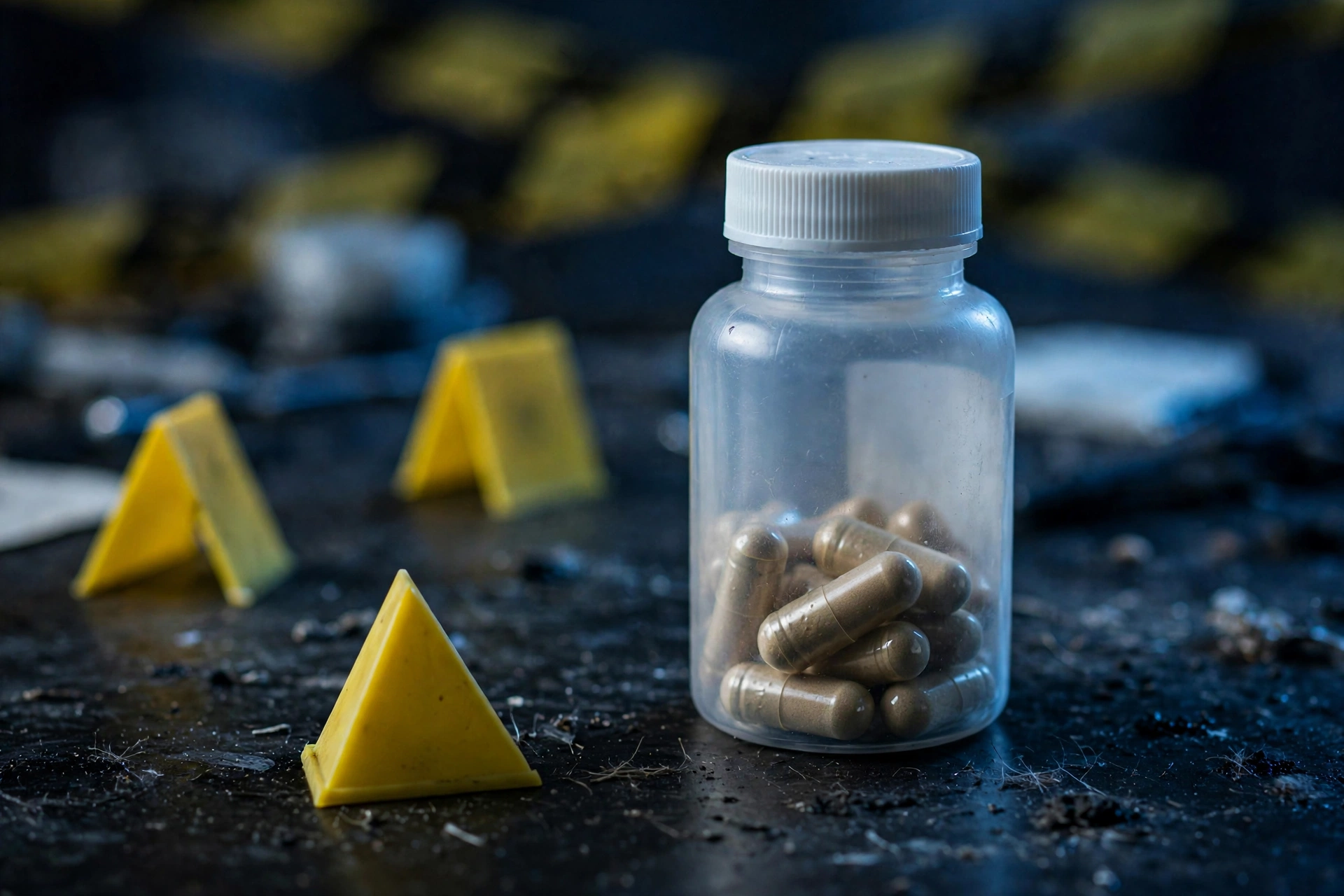 Forensic evidence concept showing a supplement bottle and evidence markers under investigation lighting