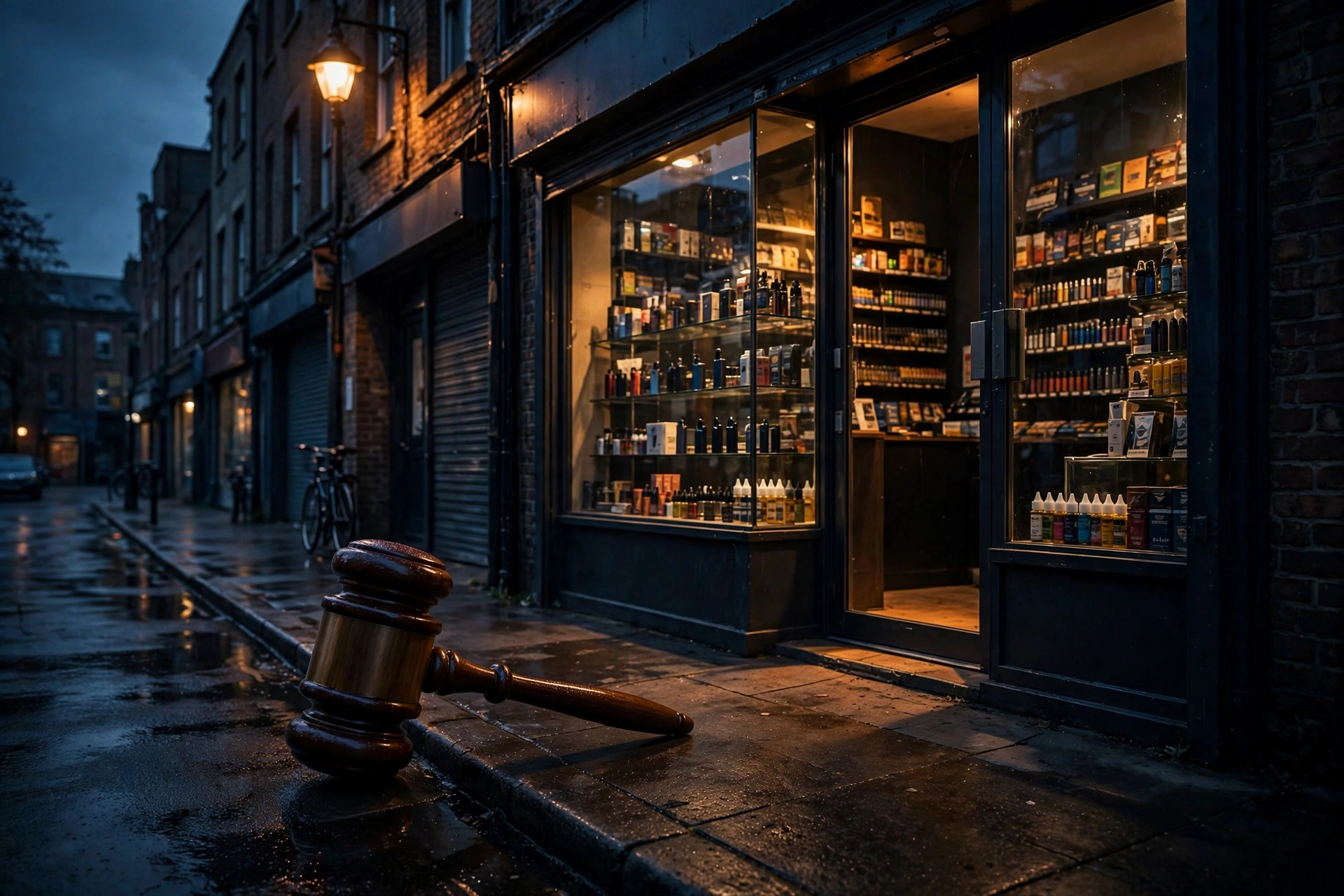 Editorial illustration of a vape shop storefront at dusk with a legal gavel concept, representing the federal investigation into an Oxford vape shop