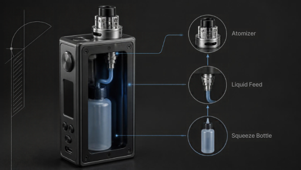 Editorial illustration showing the bottom-feed squeeze bottle, liquid feed path, and atomizer in a squonk mod, created for the VapeFeat.com guide to squonk mods.