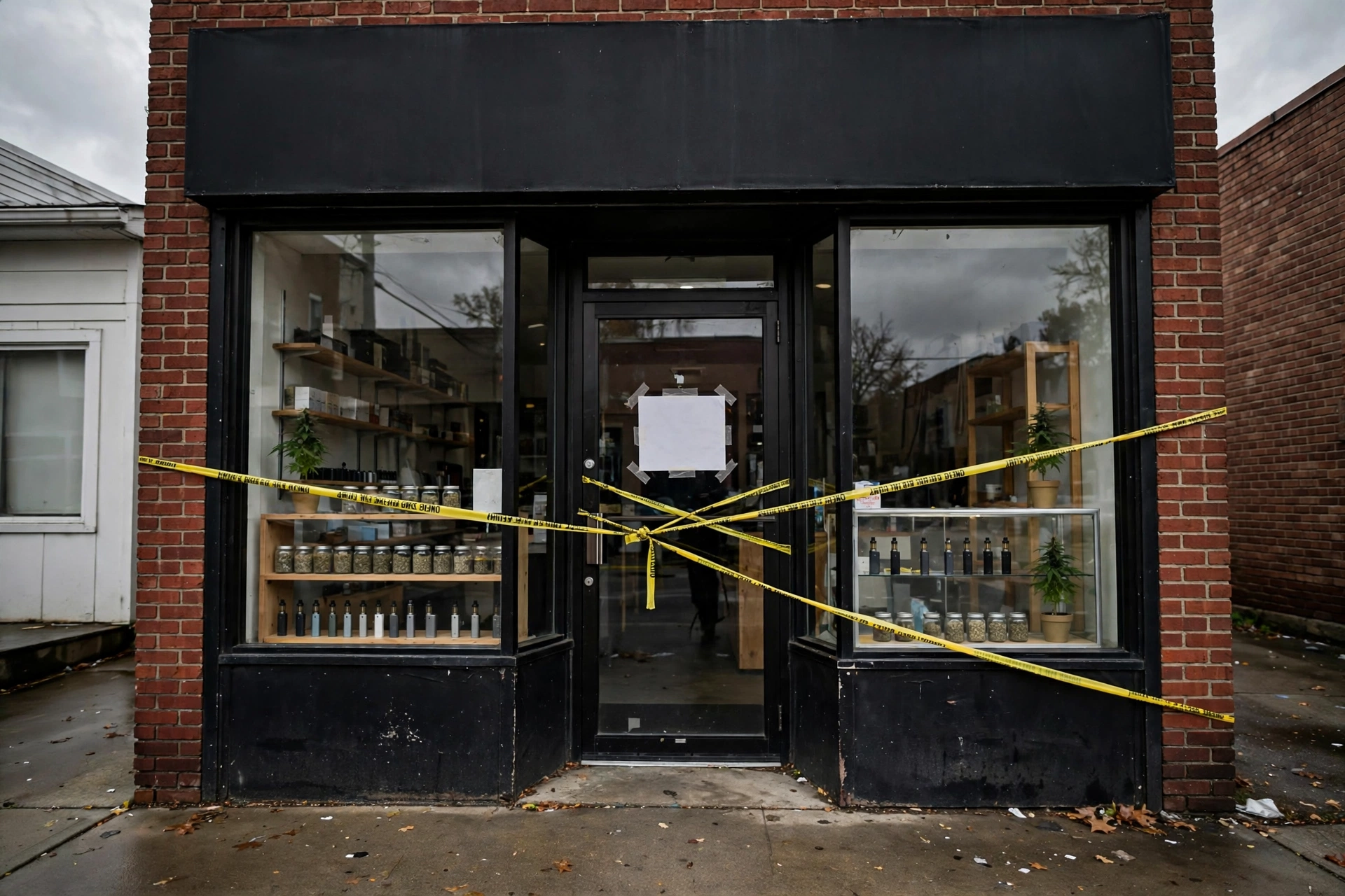 A vape and hemp shop storefront in Stanly County with a law enforcement closure notice on the door during the October 2026 multi-agency raids