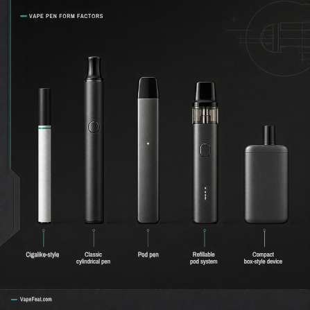Educational comparison image showing different generic vape pen styles, including cylindrical pens, pod systems, and compact devices, created for the VapeFeat.com guide.