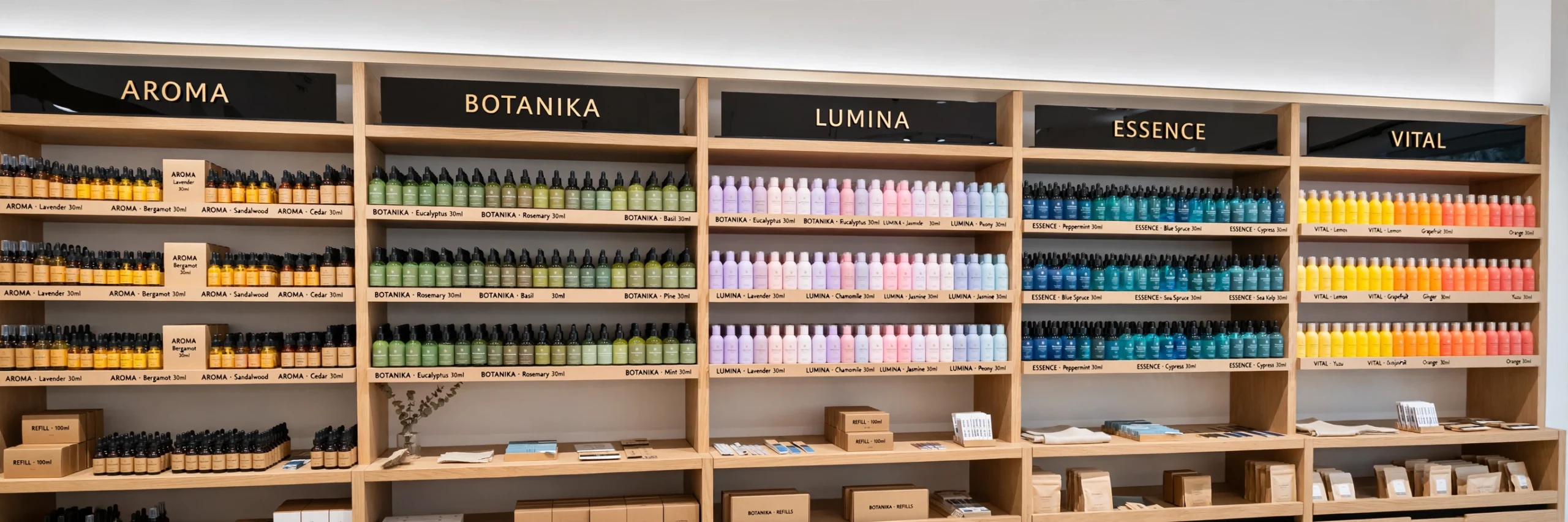 Wall of e-liquid bottles on shelves in a vape store